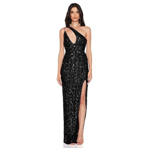 Nookie Revel Sequin gown cocktail Datenight One shoulder Maxi Dress S NWT$489 - Picture 1 of 8